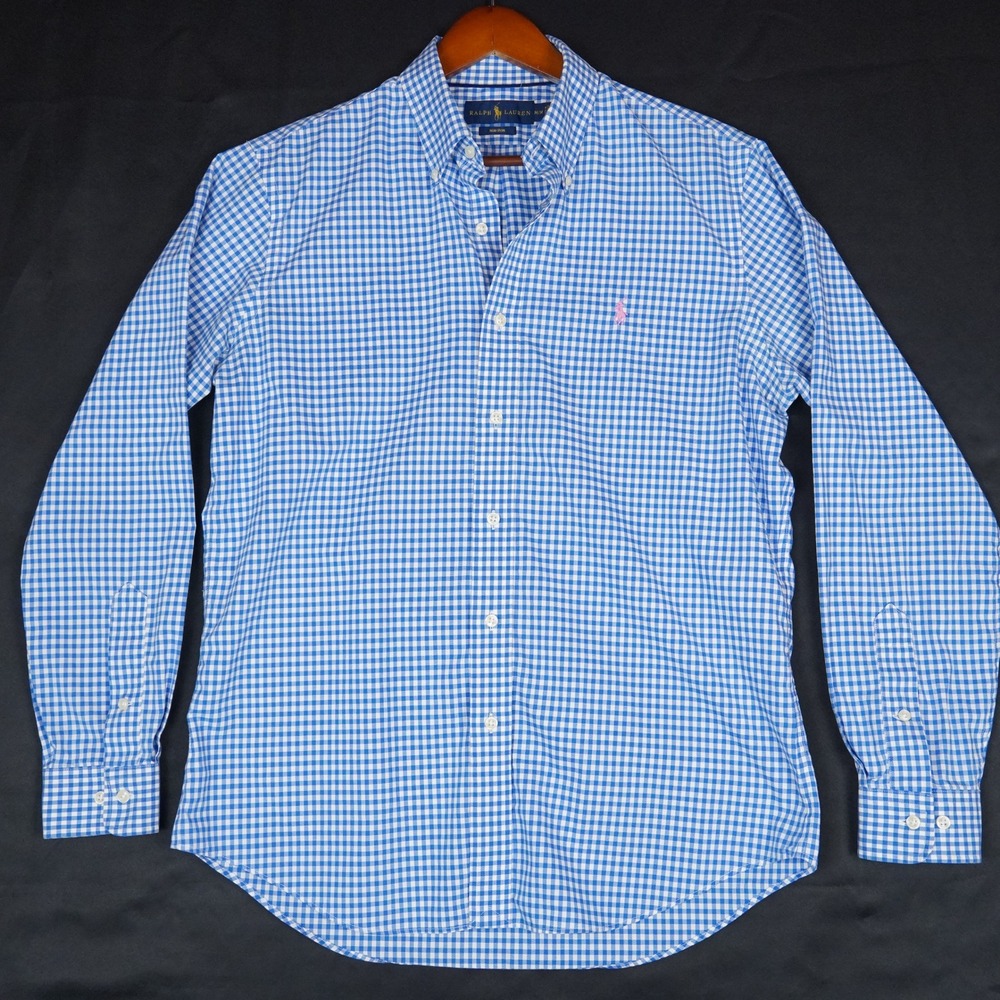 Ralph Lauren Button Down Shirt Mens M Blue Gingham Slim Fit Non-Iron Cotton